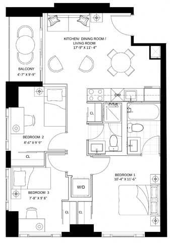 Floor plan for 3 beds, 2 baths, 757 sqft